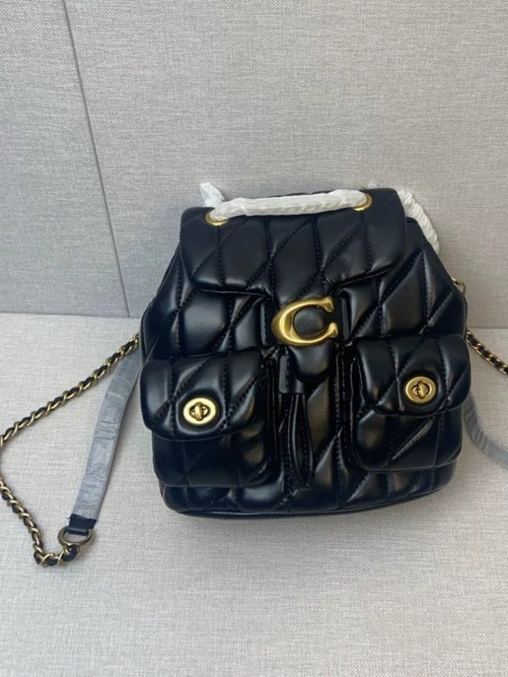 Coach Quilted Black Leather Chain Backpack with C Logo Turnlock